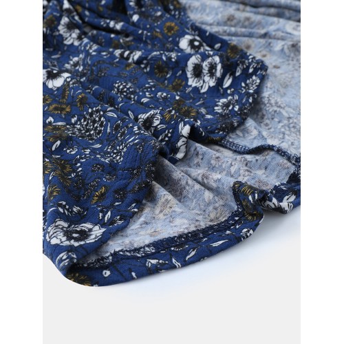 Plus Size Women Flower Print V-neck Slim Casual Dress with Pockets