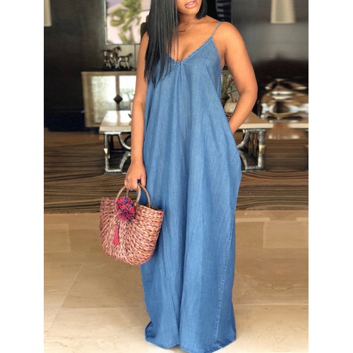 S-5XL Plus Size Sleeveless Strappy Long Denim Dress