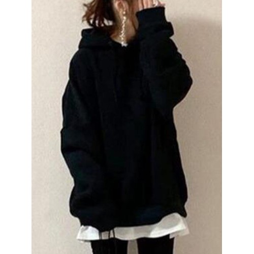 Women Solid Color Back Leopard Print Long Sleeve Plus Size Casual Hoodie