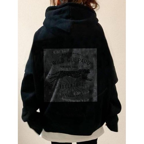 Women Solid Color Back Leopard Print Long Sleeve Plus Size Casual Hoodie