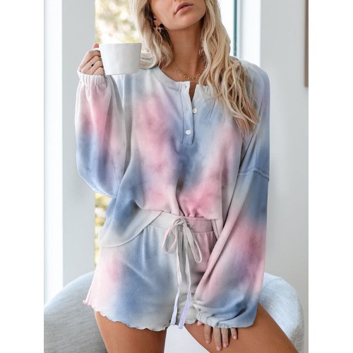 Tie-dye Leopard Print Casual Tops Drawstring Waist Shorts