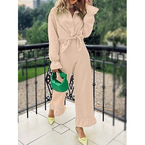 Women Elastic Waist Solid Ruffles Narrow Cuffs Ankle Length Two-Piece Sets
