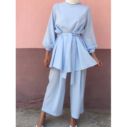 Women Solid Color Long Sleeve Sashes Tops Wide Leg Pants Ethnic Style Two Piece Set