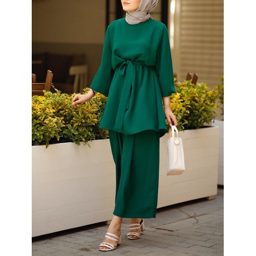 Women Solid Color Long Sleeve Sashes Tops Wide Leg Pants Ethnic Style Two Piece Set