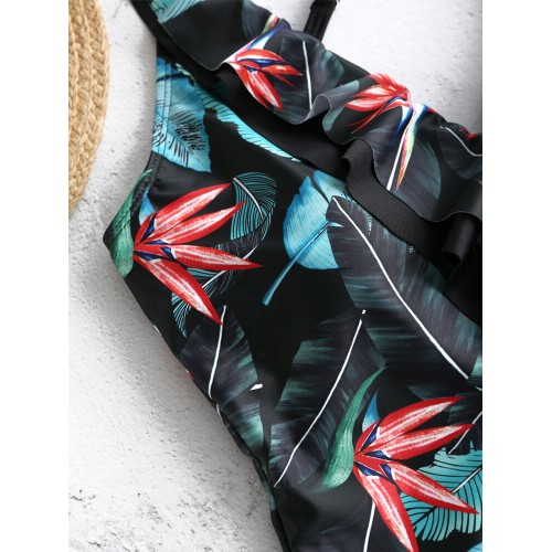 Black V-Neck Backless Flora Criss Cross Ruffled Trim Swimwear
