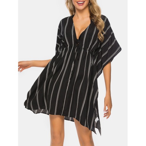 Plus Size Women Striped Front Tie Bat Sleeve Loose Sun Protection Cover Ups