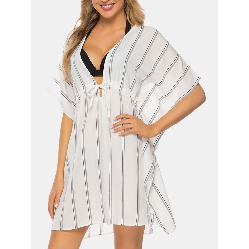 Plus Size Women Striped Front Tie Bat Sleeve Loose Sun Protection Cover Ups