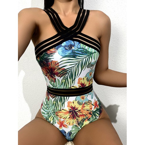 Tropical Plants Print Striped Mesh Slimming One Piece Women Hawaii Swimsuit