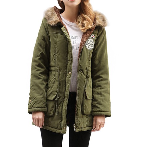Winter Women Pure Color Fur Collar Hooded Thicken Coats