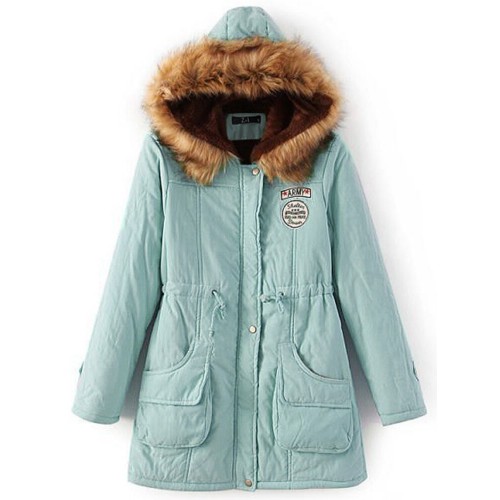 Winter Women Pure Color Fur Collar Hooded Thicken Coats