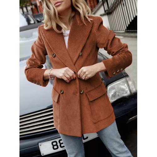 Women Corduroy Double Breasted Lapel Casual Long Sleeve Blazers With Pocket