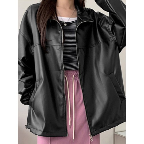 Women Loose Lapel Zipper Side Pockets Solid Long Sleeve Casual Jackets