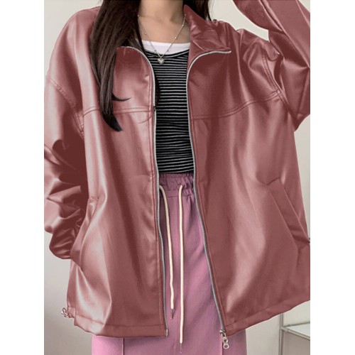 Women Loose Lapel Zipper Side Pockets Solid Long Sleeve Casual Jackets