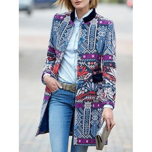 Women Vintage Printed Folk Style Long Sleeve Coats