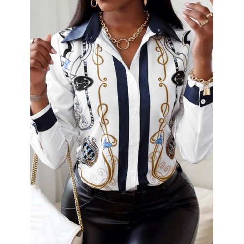 Chain Print Contrast Color Lapel Long Sleeve Button Shirt