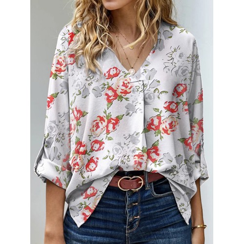 Women Bohemian Floral Printed Button Cuffs V-Neck Adjustable Sleeve Shirts