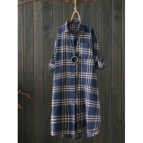 Women Long Sleeve Plaid Casual Asymmetrical Long Blouse