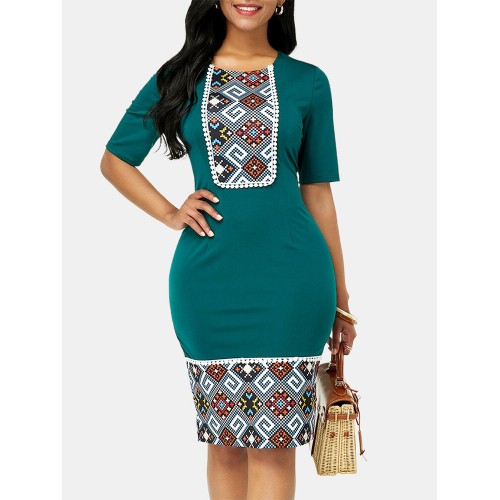 Vintage Ethnic Style Patchwork Slim Bodycon Dress