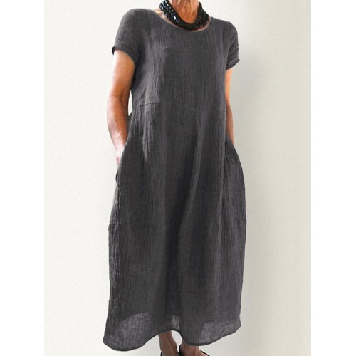 Women Cotton Loose Solid Color O-Neck Short Sleeve Side Pockets Dress