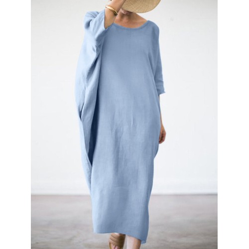 Women Long Sleeve 100% Cotton Shirt Dress Solid Color Calf Length Three Quarter Sleeve Midi Dresses