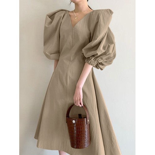 Women Puff Sleeve 100% Cotton V-Neck Solid Color Elastic Cuff Pleats Midi Dresses