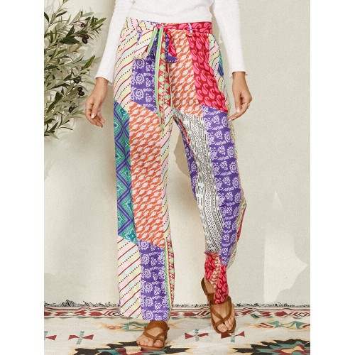 Colorblock Print Belted Ethnic Style Loose Pants For Women