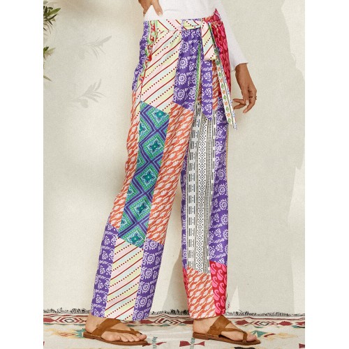 Colorblock Print Belted Ethnic Style Loose Pants For Women