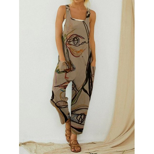 Vintage Abstract Art Illustration Print Straps Women Jumpsuit With Pocket