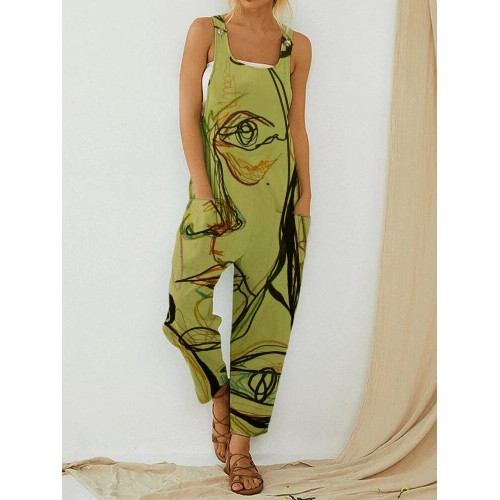 Vintage Abstract Art Illustration Print Straps Women Jumpsuit With Pocket