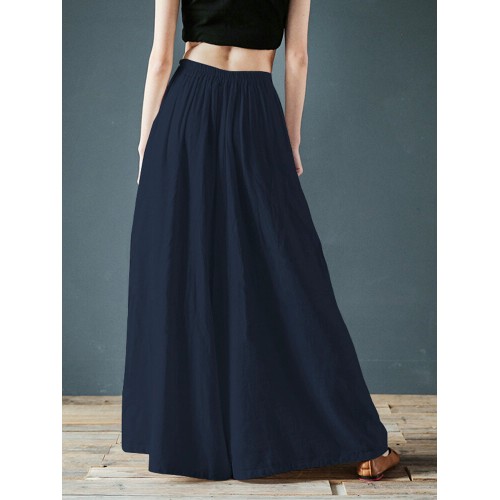 Women Casual Cotton Back Elastic Waist Loose Wide Leg Pants with Side Pockets