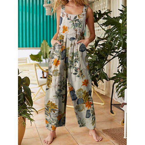 Women Floral Print Cotton Holiday Casual Wide Leg Jumpsuit