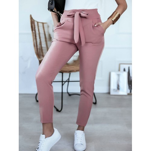 Women Solid Color Lace-Up Pleated Casual Regular Fit Pencil Pants