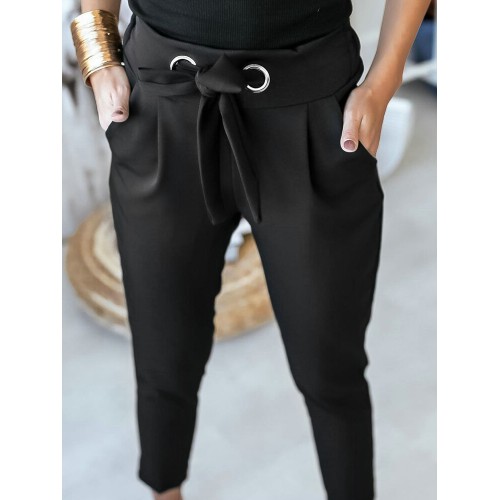 Women Solid Color Lace-Up Pleated Casual Regular Fit Pencil Pants