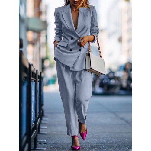 Solid Double Breasted Elastic Waist Lapel Two Piece Set