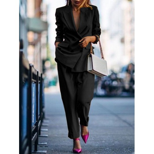 Solid Double Breasted Elastic Waist Lapel Two Piece Set