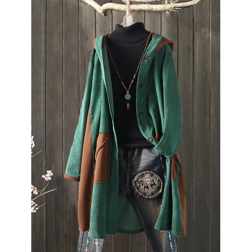 Corduroy Patchwork Hooded Plus Size Women Long Coats