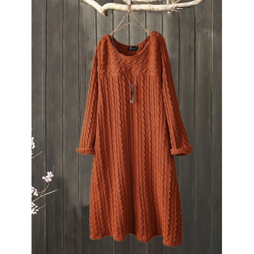 Plus Size Jacquard Crew Neck Vintage Knit Dress with Pockets