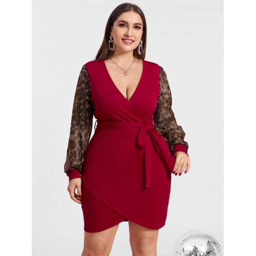 Plus Size V-neck Leopard Patchwork Design Long Sleeves Dress