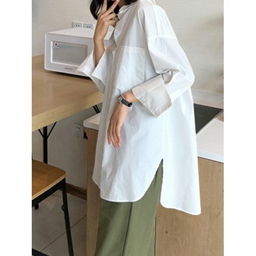 Plus Size Women Long Sleeve Button Solid Color Casual Shirts