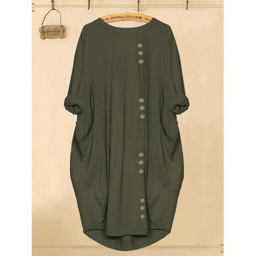Solid Color Button Irregular Casual Dress with Pockets