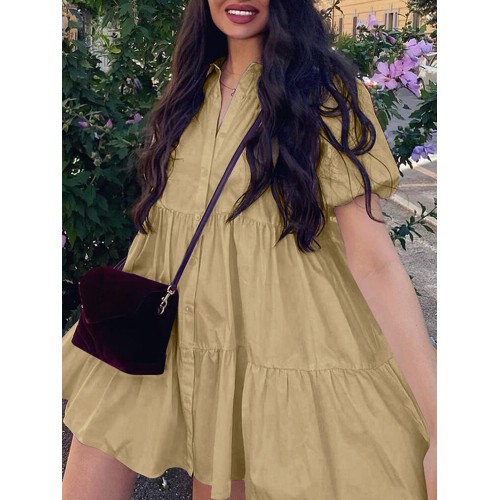 Women Solid Color Lapel Button Plus Size Pleated Shirts Dress