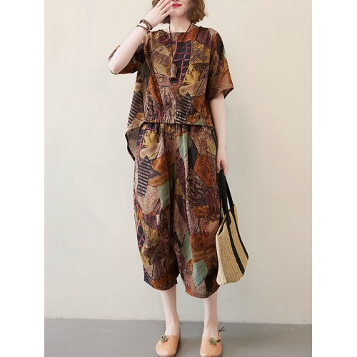 Vintage Print High-low Calf Length Side Pocket Casual Two-piece Suit For Women