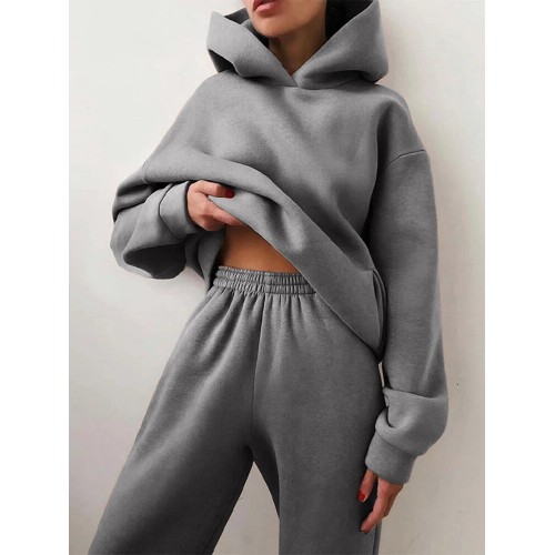 Women Elegant Solid Suits Warm Hooded Sweatshirt with Long Pant Casual Two Piece Sets