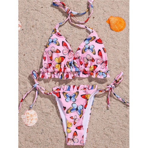 Butterfly Animal Print Halter Tie Summer Beach Swimwear Women Bikini