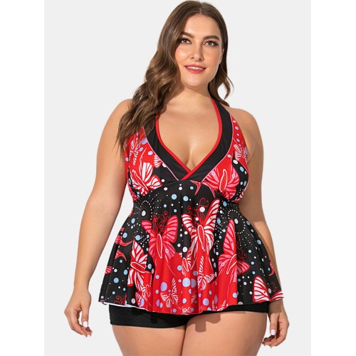 Plus Size Women Swimsuit Halter String Floral Print V-Neck Backless Swimdress