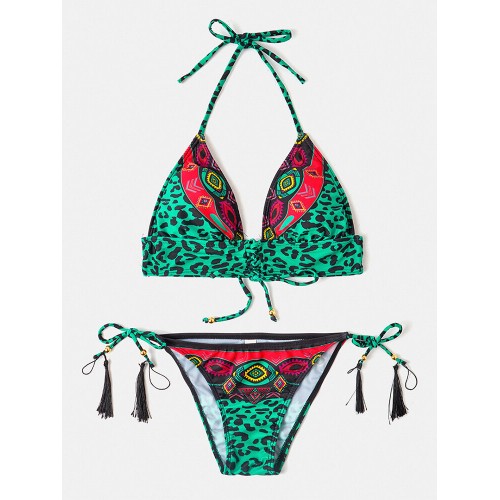 Women Leopard Patchwork Ethnic Print Halter String Bikini Backless Swimwear
