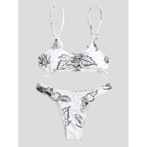 Women Simple Plant Print Hollow Ring Backless Swimsuit Thong Bikini For  Swimming