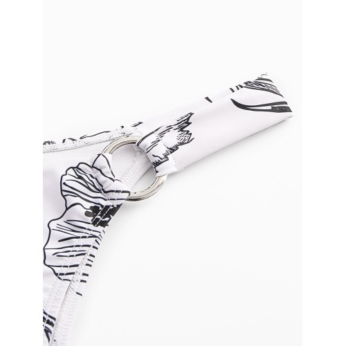 Women Simple Plant Print Hollow Ring Backless Swimsuit Thong Bikini For  Swimming