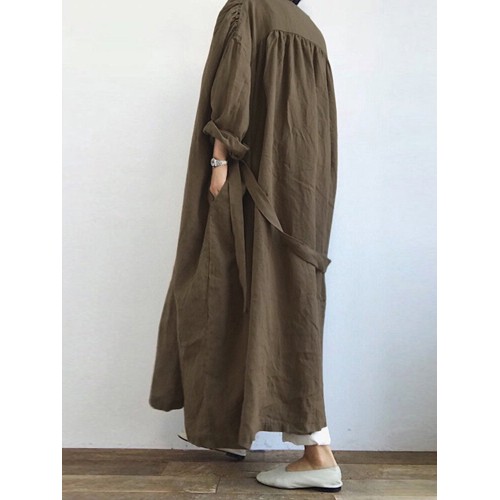 Women 100% Cotton Lace-up V-Neck Side Pockets Mid-Calf Length Cardigan