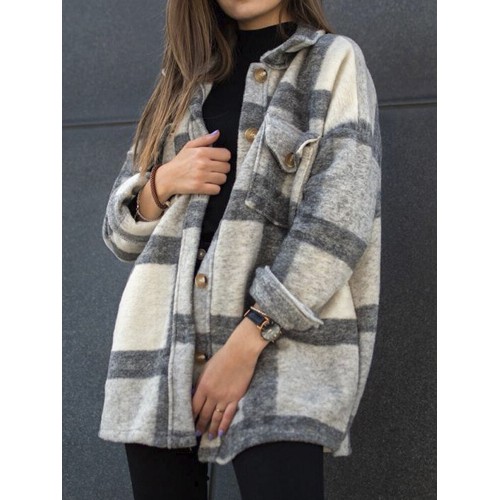 Women Plaid Pocket Button Up Long Sleeve Thin Coats